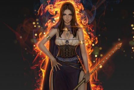 Fantasy girl - game, girl, sword, magical, youngmin suh, black, fantasy, fire, woman, art