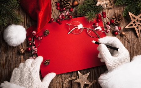 Merry Christmas! - white, red, card, santa, craciun, hand, wood, christmas