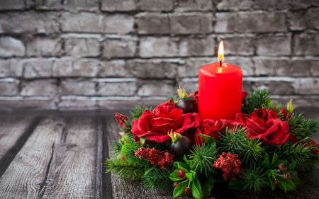 Merry Christmas! - deco, candle, flower, christmas, grey, craciun, red, green, rose, card