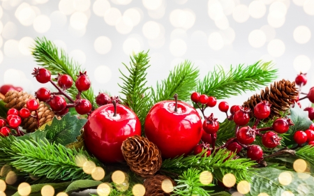 Merry Christmas! - apple, red, berry, craciun, christmas, card, fruit, bokeh, deco, green