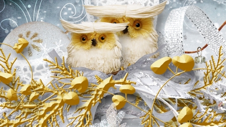 Winter Owls - owls, birds, winter, snowflakes, gold, embelishments