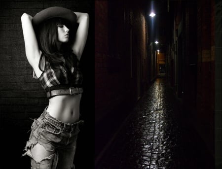 Cowgirl In The City - style, girls, western, women, models, hats, cowgirls, darkness, brunettes, alleyway, fun, female, fashion