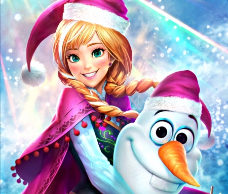 Anna and Olaf - princess, anna, girl, winter, fantasy, fanart, neoartcore, olaf, white, art, pink, blue, disney, orange, frozen