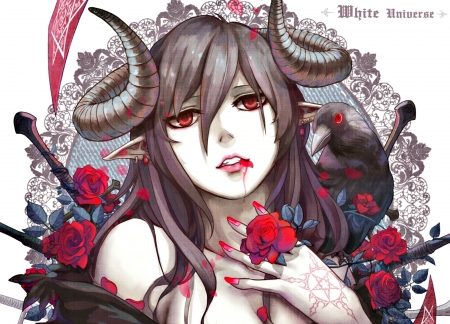 Demon - blood, white universe, bird, raven, flower, petals, horns, black, manga, white, aoiakamaou, red, rose, demon