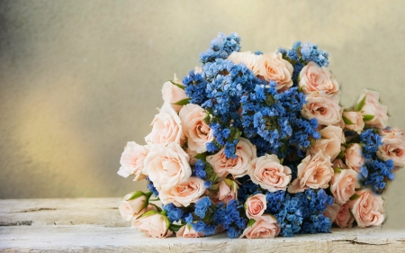 Bouquet - blue, pink, bouquet, rose, flower