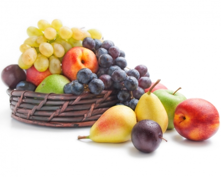 Fruits - pear, basket, grape, delicious, food, apple, healthy