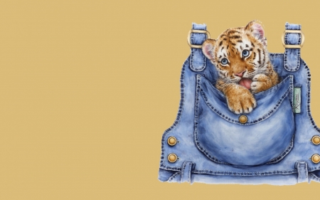 Tiger cub - cub, art, yellow, blue, animal, tiger