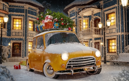 Bringing home the Christmas tree and gifts - craciun, winter, buildings, christmas, white, car, yellow, vintage, snow, green, tree, retro