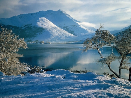 Lake In Winter - ice, trees, water, landscape, snow, mountains, sky