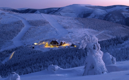 Skiing Resort - landscape, snow, hotel, forest, mountains