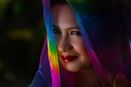 Exotic Girl - pretty, veil, mood, female, people, beautiful, photography, girl, rainbow colors, veiled, scarf, woman, face