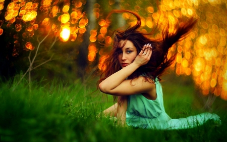 brunette in the sun - woman, brunette, forest, grass