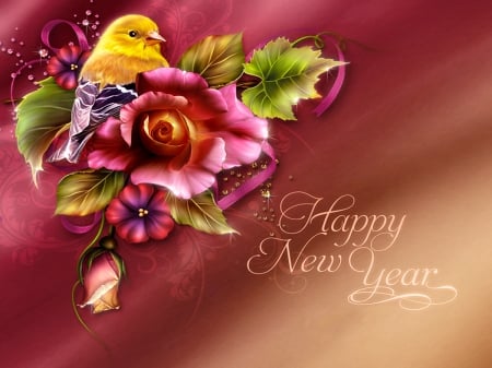 Happy New Year! - bird, beautiful, petals, happy, leaves, flowers, colorful, holiday, new year, background, art