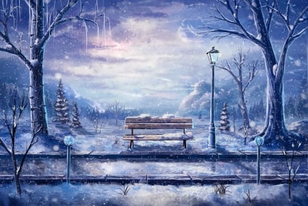 Winter rest - winter, snowflakes, beautiful, snow, lantern, rest, bench, snowfall, art, park