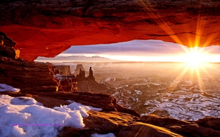 Sunset through the Caves - caves, winter, sunset, nature, snow, rocks