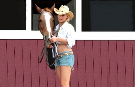 Smile! - style, girls, western, women, models, hats, ranch, cowgirls, horses, fun, female, barns, stable, blondes, fashion