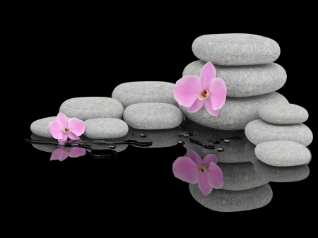 PINK AND GRAY - orchids, background, pink, stones, mirrored, gray