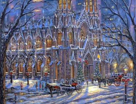 Patrick's Cathedral - carriages, winter, attractions in dreams, snow, holidays, xmas and new year, New Year, Christmas, love four seasons