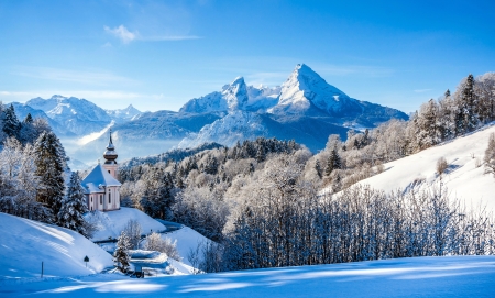 Mountain Winter - trees, Church, landscape, snow, peaks