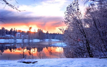 Winter Sunset - river, water, snow, colors, reflection, sky