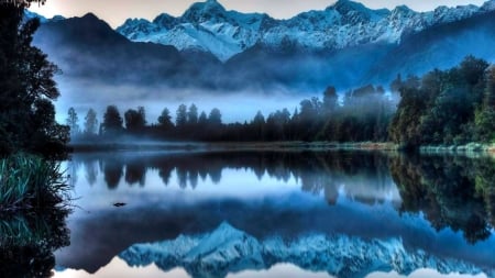 Blue Lake - nature, lake, mountain, forest, reflection, snow, fog, mist