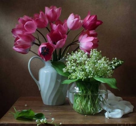 Still Life - snow drops, table, tulips, vase