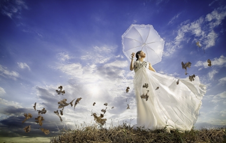 Woman in White Umbrella - white, woman, model, umbrella