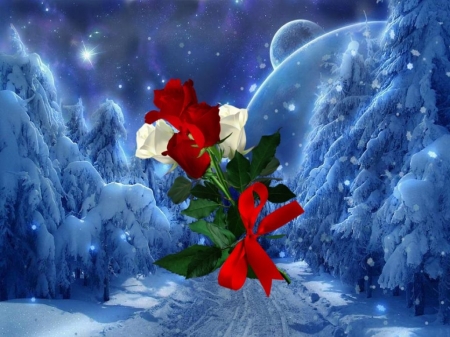 enchanting - winter landscape, rose, blue, magic