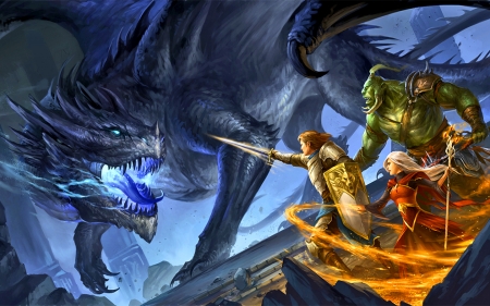 Facing a Dragon - women, orc, warrior, magic, dragon, fantasy