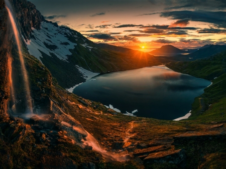 Lake Mountain - lake, clouds, waterfall, nature, mountain, sunrise