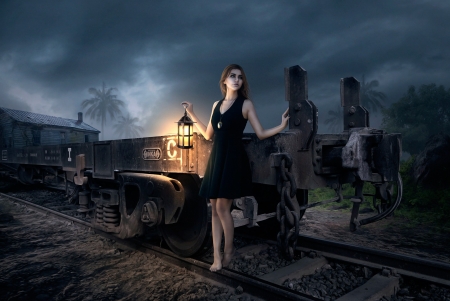 Girl in Black Dress - woman, style, lantern, dress