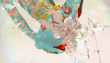 Geisha - rendering, asian, fantasy, white, geisha, red, blue, kimono, blonde