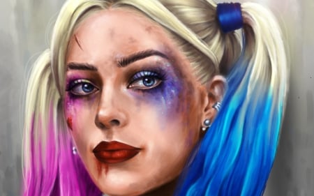 Harley Quinn - game, fantasy, harley quinn, blue, blonde, face, art, pink