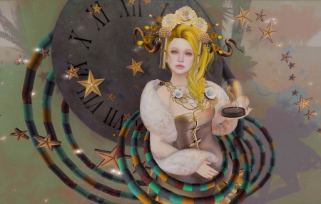 Happy New Year! - woman, new year, stars, rendering, girl, fantasy, horns, yellow, clock, goat, blonde