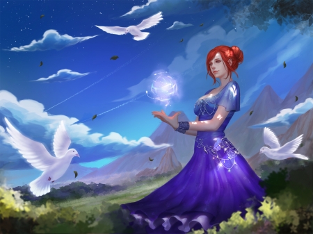 Sorceress - bird, sorceress, dove, dress, girl, magical, white, redhead, purple, woman, cloud, sky