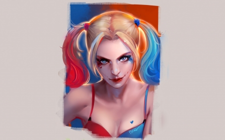 Harley Quinn - art, girl, game, harley quinn, blue, orange, fantasy