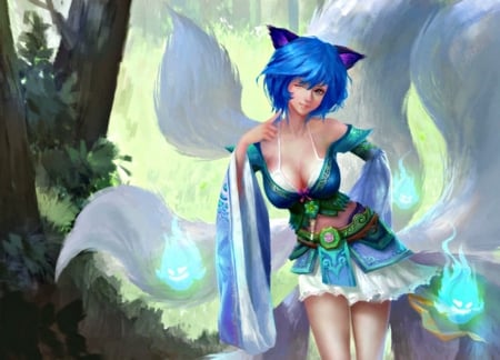 Ahri - game, xck, league of legends, blue, fox, girl, ahri, fantasy, white, green, nine tails, art