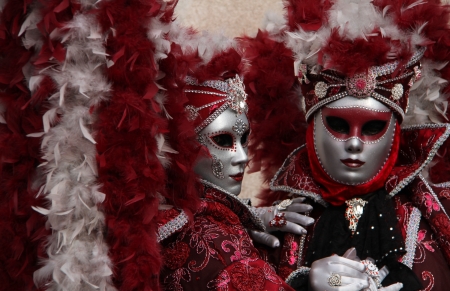 Venice Carnival - mask, girl, couple, venice, womanb, white, carnival, man, red, feather