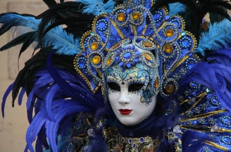 Venice Carnival - feather, carnival, venice, mask, girl, woman, blue