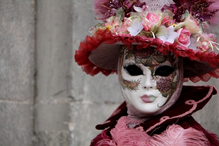 Venice Carnival - woman, mask, girl, hat, carnival, pink, venice, flower