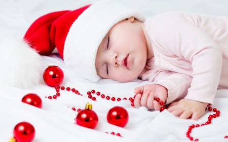 Waiting for Santa - craciun, hat, copil, child, ball, christmas, white, santa, sleep, baby, red