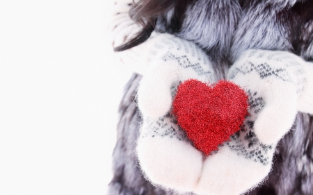 For You! - white, red, heart, hand, winter, valentine, gloves