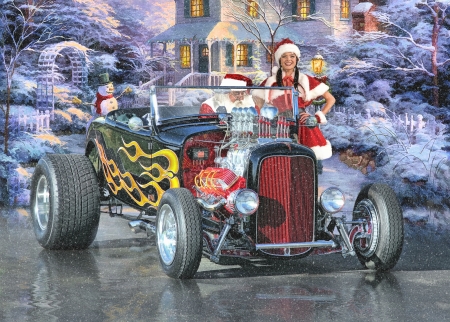 Santa trying a vintage car - old man, blue, girl, christmas, santa, retro, car, craciun, vintage, red