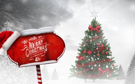 Merry Christmas! - craciun, hat, winter, christmas, white, santa, red, card, tree