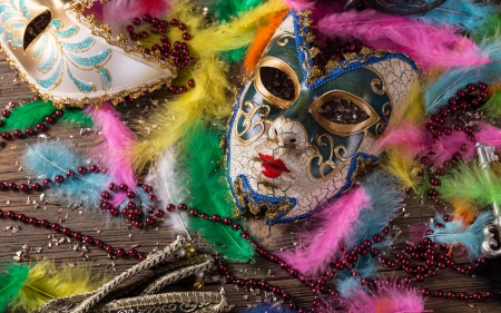 Mask - new year, mask, carnival, yellow, pink, feather, green, beads