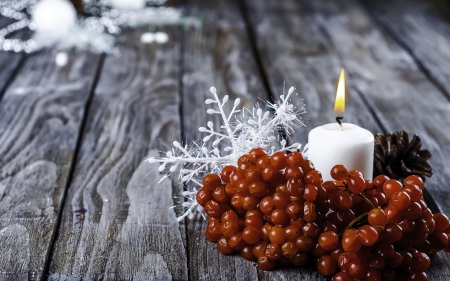 Happy Holidays! - white, wood, craciun, snowflake, candle, berry, grey, christmas