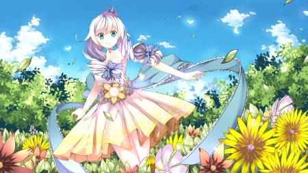 Colorful World - nature, bright, sky, anime, colorful, smile, flowers, anime girl