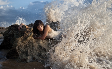 brunette on the rocks - rock, girl, brunette, beach