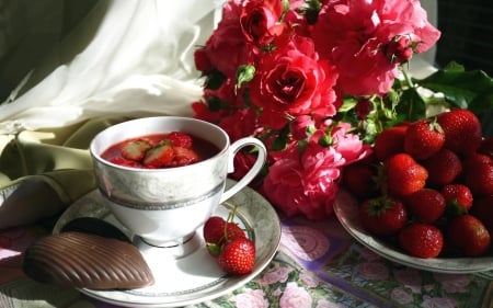 Still life - roses, cookie, berries, tea