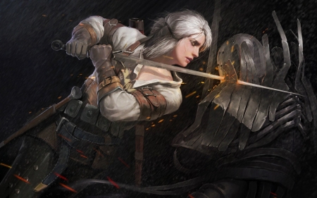 Ciri - sword, the witcher, game, cirilla, dark, girl, ciri, art, white, fantasy, sorceress, woman